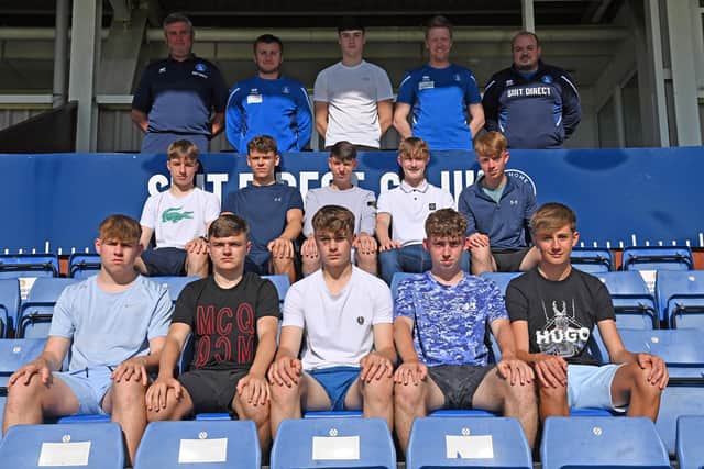 Ian McGuckin, Ethan Wood, Jonathan Constantine and Ian Clark at the Suit Direct Stadium with new recruits Kian Brooksbank, Blaine Garthwaite, Finlay Foster, Kingston Butler, Bobby Constantine, Joe Purvis, Fin Bates, Kai Facchini, Jacob Watson, Xander McKimmie and Harry Lake. Pictures: Hartlepool College. Picture by FRANK REID