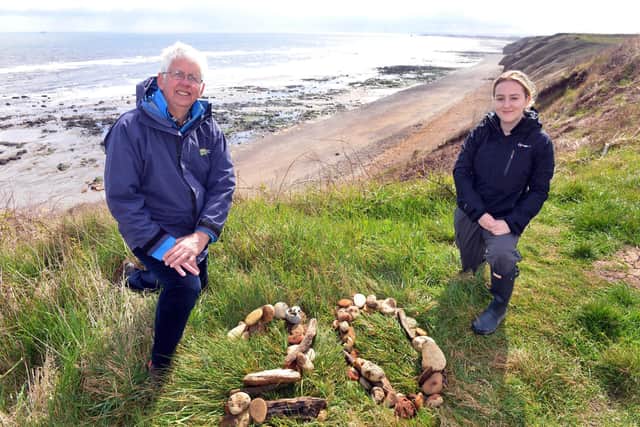 Heritage Coast Officer Niall Benson with Newcastle University Marine Biology student Darcie Rawlings at Blackhall Rocks Cross Gill Nature Reserve.