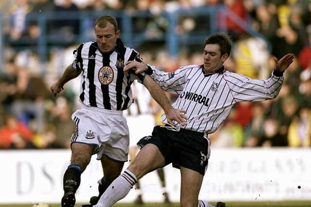 Alan Shearer of Newcastle United is challenged by Dave Challinor of Tranmere Rovers during the AXA Sponsored FA cup sixth round game between Tranmere Rovers and Newcastle United at Prenton Park in Tranmere, England. \ Mandatory Credit: AlexLivesey /Allsport