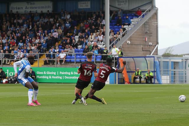 Barrow's Offrande Zanzala hoots and scores their first goal during the Sky Bet League 2 match between Barrow and Hartlepool United at Holker Street, Barrow-in-Furness on Saturday 14th August 2021. (Credit: Mark Fletcher | MI News)