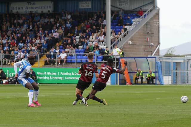 Barrow's Offrande Zanzala hoots and scores their first goal  during the Sky Bet League 2 match between Barrow and Hartlepool United at Holker Street, Barrow-in-Furness on Saturday 14th August 2021. (Credit: Mark Fletcher | MI News)