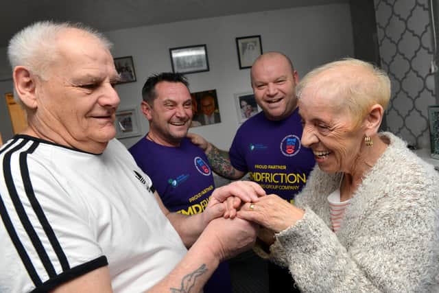 A flashback to 2020 when Hartlepool couple Bob and Dot Flanagan were set to renew their wedding vows while both fighting cancer. They renewed their vows with help from Miles For Men who were represented in the photo by Lee Wilmot and founder Micky Day (right).