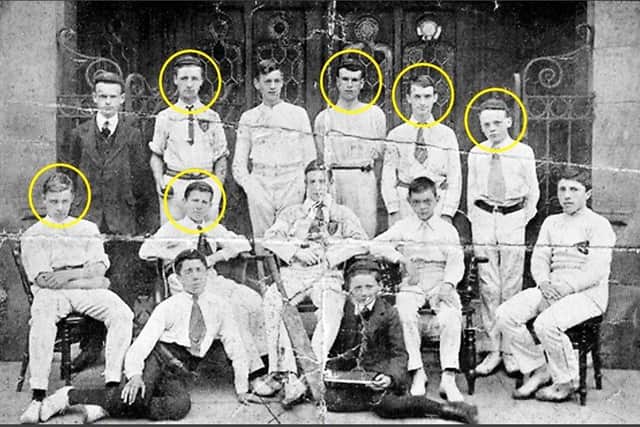 West Hartlepool Secondary School First XI Cricket Team 1913.  Those boys highlighted went to war the following year and didn't come back. Back Row: Guy Readman, Percy Murray, Reginald Whitehead, Harold Birks.  Middle Row: Gilbert Smith, Allen Clark.