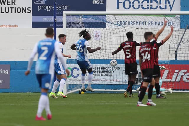 Barrow's Dimitri Sea scores their third goal  during the Sky Bet League 2 match between Barrow and Hartlepool United at Holker Street, Barrow-in-Furness on Saturday 14th August 2021. (Credit: Mark Fletcher | MI News)