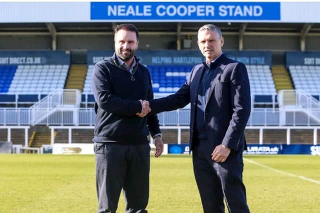 John Askey (right) has highlighted the working relationship he has with Hartlepool United sporting director Darren Kelly (left) who is to leave the club.