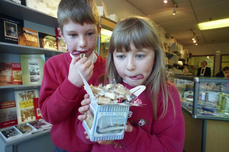 Eight-year-olds Andrew Chorley and Hannah Watson put the latest Sunderland souvenir to a taste test in November 1994. Who can tell us more?