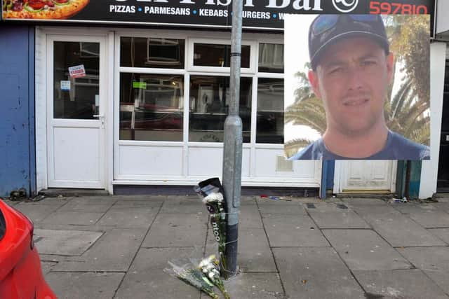Flowers left in Sydenham Road, Hartlepool, in memory of Adam Thomson (inset).