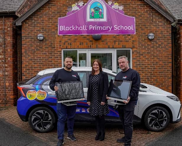 Left to right: Findley Roofing Managing director Dean Coombe, Blackhall Primary School headteacher Rachel Leonard and Richie Carrigan, sales and marketing manager.