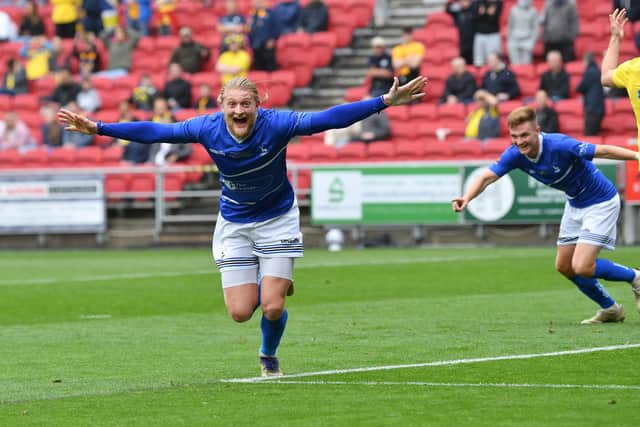Luke Armstrong celebrates after scoring the opening goal in the National League promotion final (photo: Frank Reid).