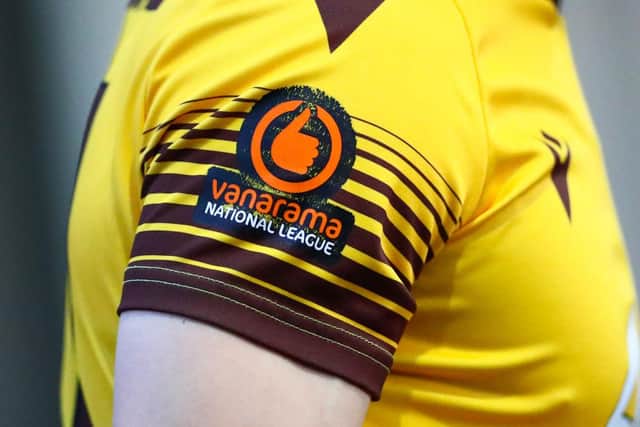 SUTTON, GREATER LONDON - MARCH 06: The Vanarama National League logo on the sleeve of a Sutton United player  (Photo by Jacques Feeney/Getty Images)