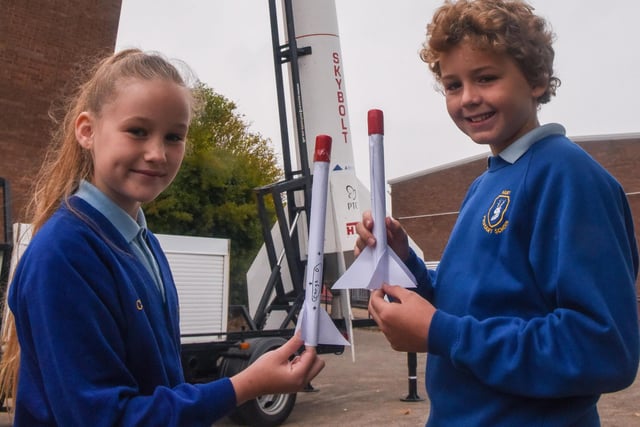 Hart Primary School Pupils with their rockets, pictured next to a Starchaser rocket in Hartlepool 8 years ago.