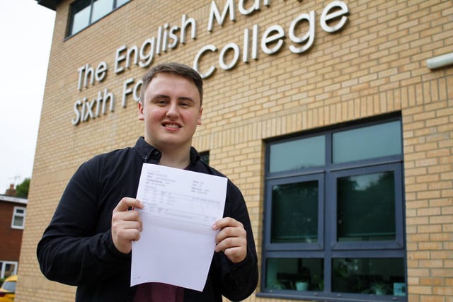 Jamie Hayes receives his A-level results from English Martyrs Sixth Form College. Picture by Steve Hope.