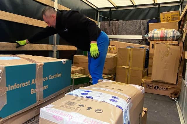 A driver loads the Hartlepool donations for Ukraine.