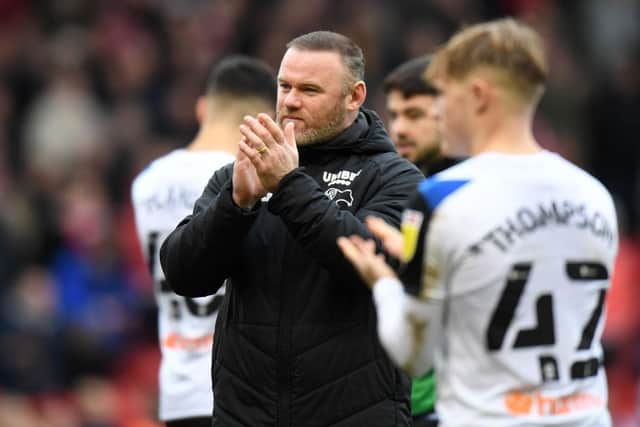 Derby County manager Wayne Rooney applauds the fans. (Photo by Tony Marshall/Getty Images)