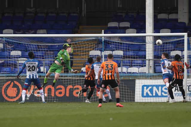 Barnet's Anthony Hartigan scores direct from a free kick during the Vanarama National League match between Hartlepool United and Barnet at the Suit Direct Stadium on Saturday. Photo: Mark Fletcher | MI News.