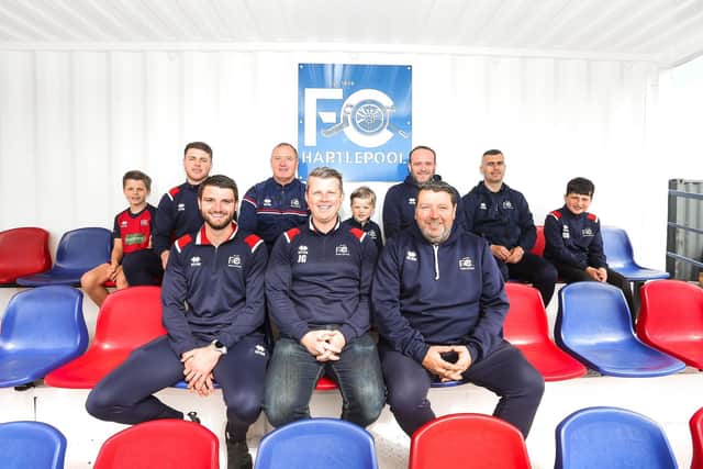(Back row) Guy Gould (U10 blues); Lewis Murphy (first team); Paul Hackwell (Trustee); Conrad Gould (FC Kickers); Salaam Shaheen (Chair and Trustee); Chris Birkbeck (Trustee); Eden Shaheen (U10 blue). (Front row) Craig Linsel (first team); Jon Gould (Trustee and Vice Chair); Chris Murray (Groundskeeper). Picture credit: Michael Driver