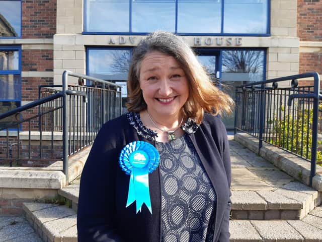 Jill Mortimer pictured just minutes after becoming Hartlepool's first female MP and the town's first Conservative MP for 57 years,.