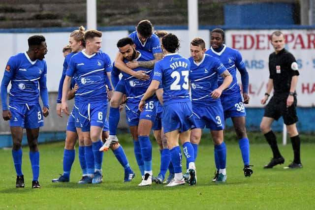 The Hartlepool United players celebrate a goal for Ryan Johnson at Victoria Park (photo: Frank Reid).