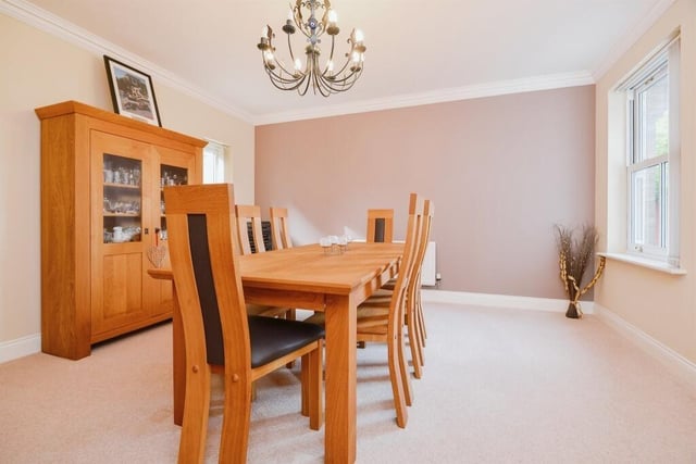 The bright dining room is the ideal space for entertaining guests.