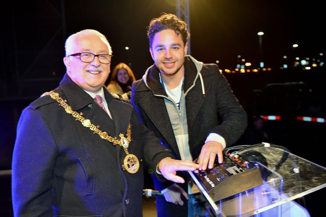 The Mayor of Hartlepool Councillor Paul Beck with actor Adam Thomas before they switched on the Christmas lights in Hartlepool in 2017.