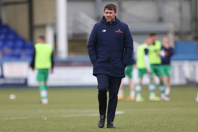Hartlepool manager, Dave Challinor before the Vanarama National League match between Hartlepool United and Yeovil Town at Victoria Park, Hartlepool on Saturday 20th February 2021. (Credit: Mark Fletcher | MI News)