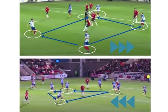 Hartlepool United's box midfield of Nicky Featherstone, Kieran Wallace, Tom Crawford and Callum Cooke worked perfectly against York City both in attack (above) and in defence (below).