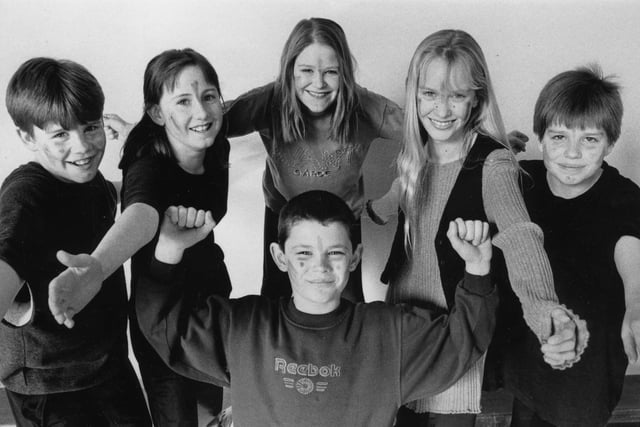 Pupils take to the stage in 1995 to perform a tribal dance routine for parents and visiting schools. Pictured from left: Peter Cowans, Laura Rollo, Stephanie Cox, John Lees (front), Leanne Webster and David Falconer.