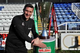 Hartlepool United manager Graeme Lee with the Papa John's Trophy. Picture by FRANK REID