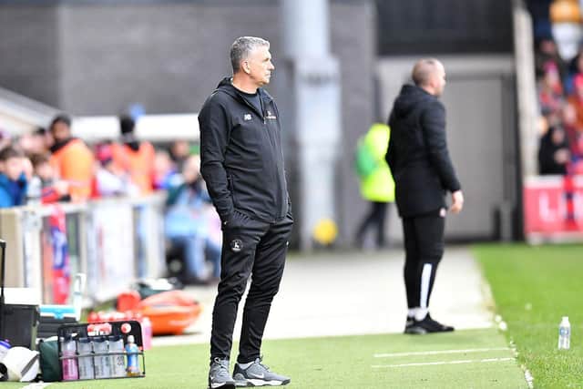 John Askey on the touchline at the York Community Stadium during Hartlepool United's 3-1 victory over York City in November 2023.