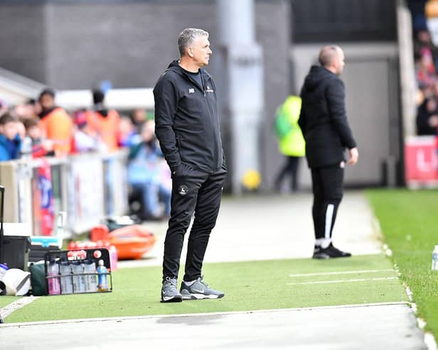 John Askey on the touchline at the York Community Stadium during Hartlepool United's 3-1 victory over York City in November 2023.