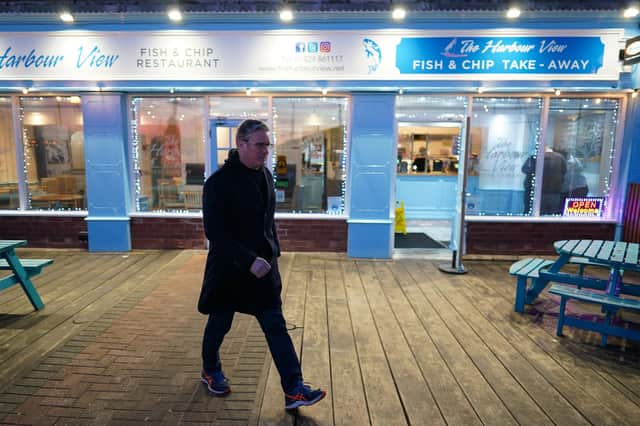 Labour Party leader Sir Kier Starmer visits a chip shop in Hartlepool Marina on April 22, 2021 in Hartlepool, England. His party is now picking up the pieces after a bad set of election results for Labour (Photo by Ian Forsyth/Getty Images)
