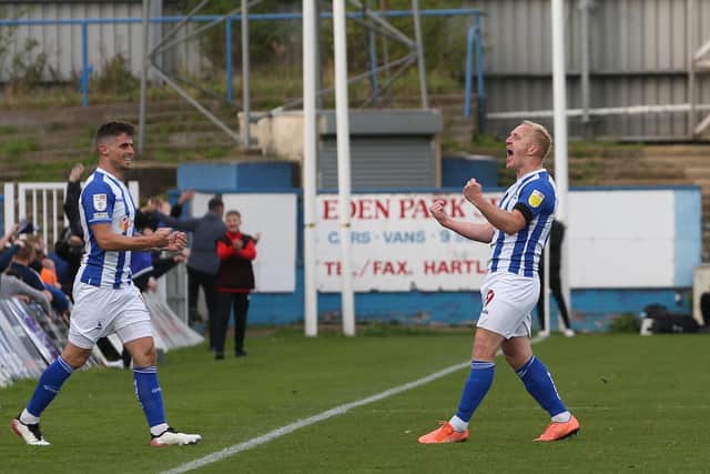 Mark Cullen celebrates after scoring their second goal during the Sky Bet League 2 match between Hartlepool United and Harrogate Town at Victoria Park, Hartlepool on Sunday 24th October 2021. (Credit: Mark Fletcher | MI News)