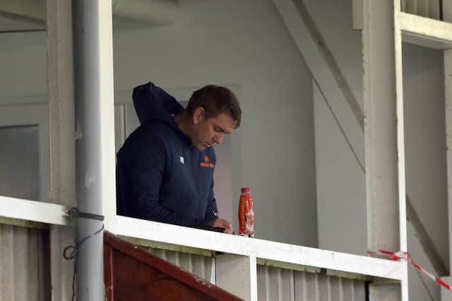 Hartlepool United manager Dave Challinor during the Vanarama National League match between Hartlepool United and Aldershot Town at Victoria Park, Hartlepool on Saturday 3rd October 2020. (Credit: Christopher Booth | MI News)
