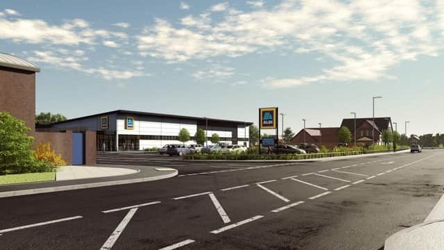 A computer-generated image issued at planning stages to show how the new Aldi will look
