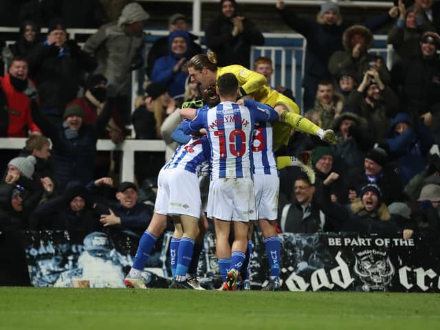 Hartlepool United's Mark Shelton celebrates with his team mates after scoring  during the Sky Bet League 2 match between Hartlepool United and Rochdale at Victoria Park, Hartlepool on Wednesday 8th December 2021. (Credit: Mark Fletcher | MI News)