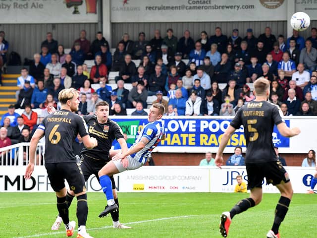 David Ferguson scores a crucial equaliser for Hartlepool United in Saturday's 2-1 win against Northampton Town (photo: Frank Reid).