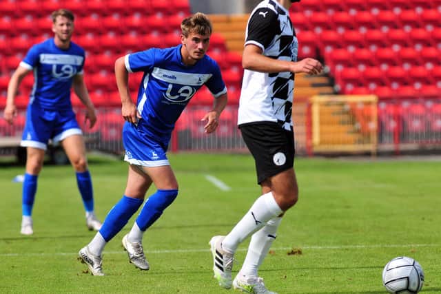 Trialist Dan Bramall in action during the Gateshead FC v HUFC game. Pre-season friendly. 24-07-2021. Picture by Bernadette Malcolmson