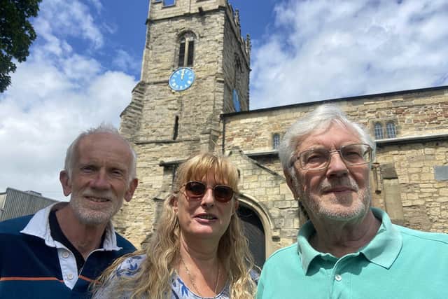 Left to right: Andrew Craig, Thelma Adams and Andrew Frost outside All Saints Church, Stranton. Picture by FRANk REID