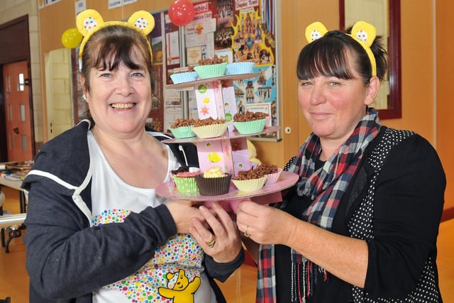 Linda Bain and Debra Cosgrove sell cakes in aid of Children In Need at Brierton Sport Centre in 2012.