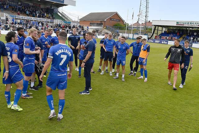 Dave Challinor speaking to the players at the end Hartlepool United's 3-2 win over Bromley in the National League play-off eliminator (photo: Frank Reid)