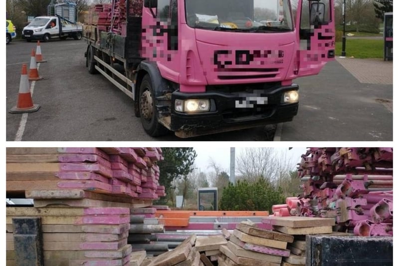 "M1. This Mr Blobby scaffolding lorry with all sorts loose on the back. Vehicle prohibited for over 3 hours at the checksite whilst additional vehicle arranged by company"