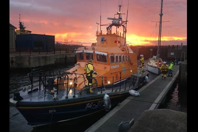 Hartlepool RNLI all weather lifeboat with the yacht on Monday morning at Hartlepool Marina./Photo: RNLI/Tom Collins