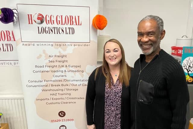 Lyndsay Hogg with Dudley ‘Tal’ Stokes at the Hogg Global Logistics office in Hartlepool.