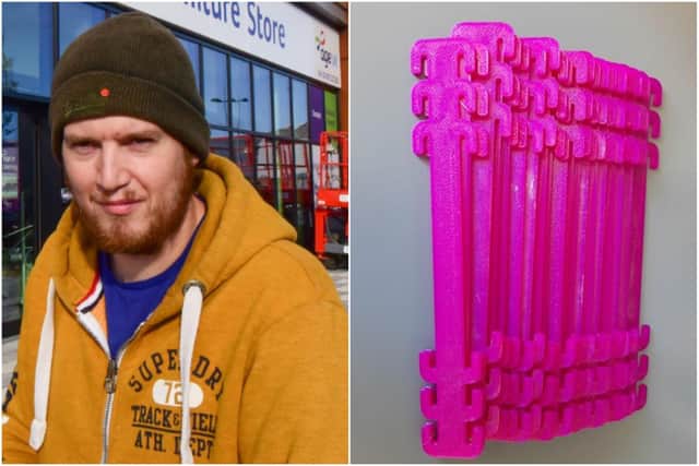 Daniel Simpson and some of the 3D printed headbands he made for local nurses.