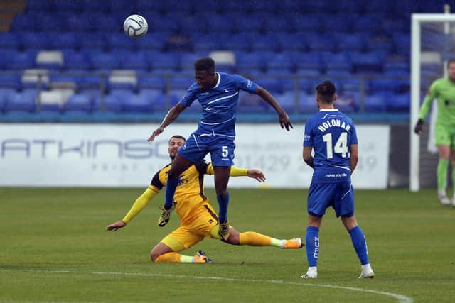 Timi Odusina of Hartlepool United and Mo Bettamer of Aldershot Town during the Vanarama National League match between Hartlepool United and Aldershot Town at Victoria Park, Hartlepool on Saturday 3rd October 2020. (Credit: Christopher Booth | MI News)