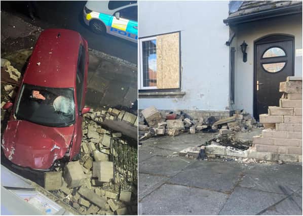 Left, police at the scene in Elwick Road, Hartlepool, after a car demolished a house's front wall. Right, the property the following day.
