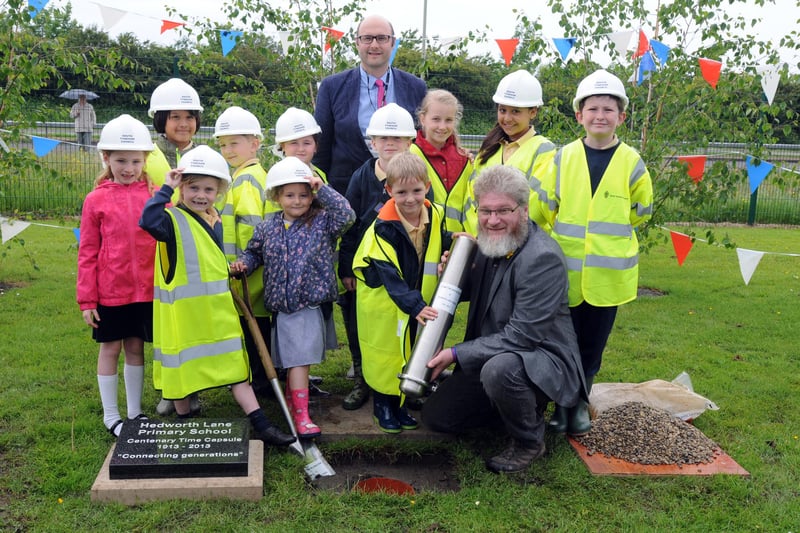 Hedworth Lane Primary School pupils planted a time capsule with the chair of governors Keith Bell and head teacher Tony Gill in the photo. Remember this from 7 years ago?