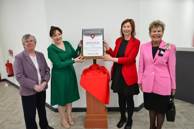 (right) Her Majesty's M. Lord-Lieutenant of County Durham Sue Snowdon with (left to right) Chair of Governors Dame Maura Regan, Head of Sixth Form  Leah Henderson and and Headteacher Sara Crawshaw./Photo: Frank Reid