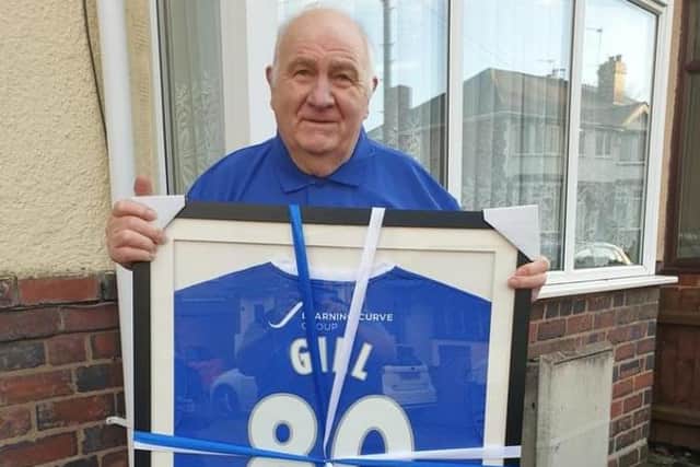 A grateful "Big John Gill" with the Hartlepool United shirt sent to him by the club to mark the 1968 promotion hero's 80th birthday.