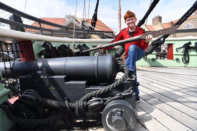 Luca Cole pretending to load the cannon on the deck of HMS Trincomalee at the National Museum of the Royal Navy Hartlepool. Picture by FRANK REID